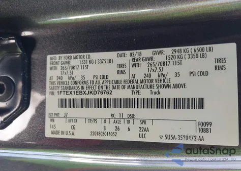 2018 Ford F-150 Xl z USA, uszkodzony, nr VIN 1FTEX1EBXJKD76762